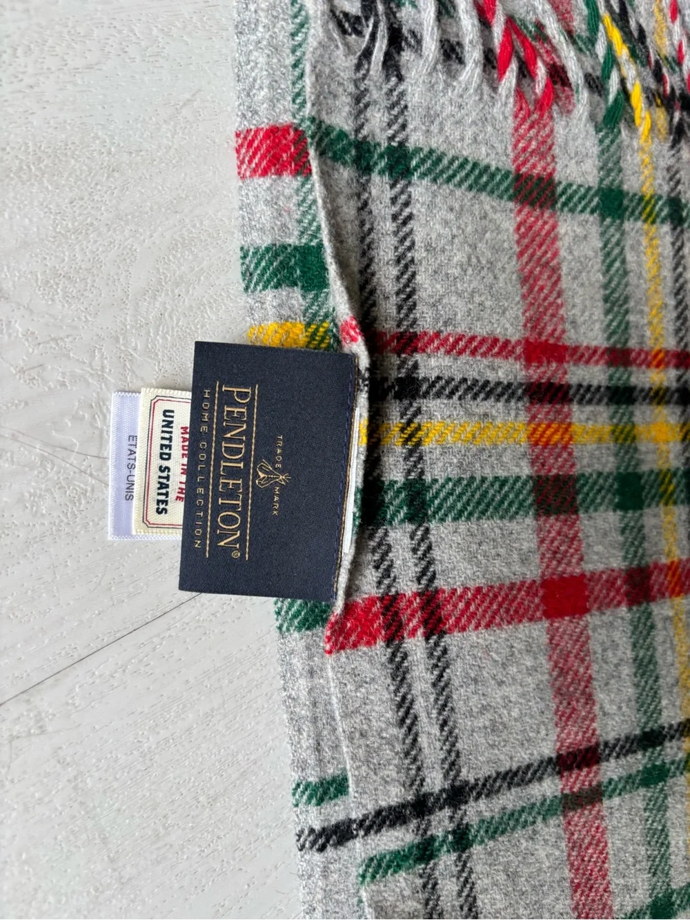 Pendleton Plaid Fringe throw blanket in Gray, Red, Green, Yellow